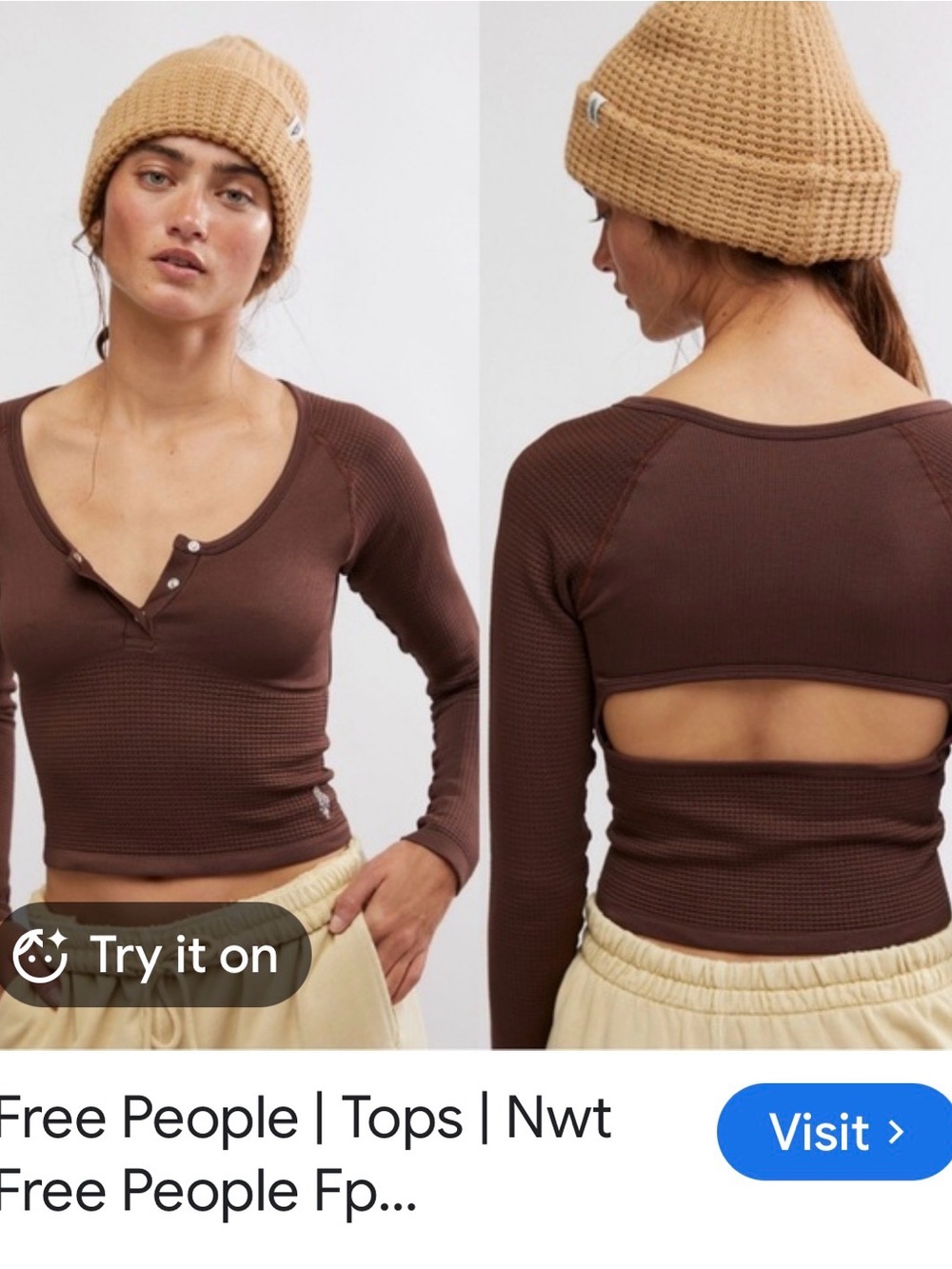 Free People Chocolate Brown Long-Sleeve Henley Crop Top with Back Cutout
